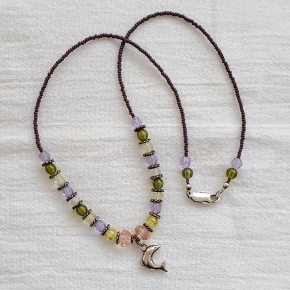 Colorful Glass Bead and Silver Dolphin Necklace - Picture 1 of 4
